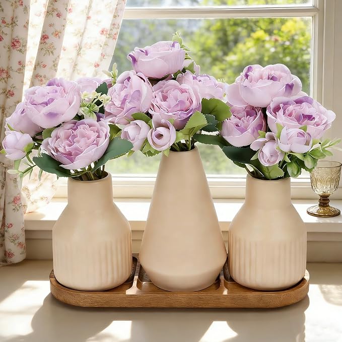 Flower Table Centerpiece - Dining Table Centerpiece Decor Set of 3 Fake Peonies in Ceramic Vases & Wood Tray Modern for Kitchen Island Living Room Coffee Table Home Decor (Light Purple)