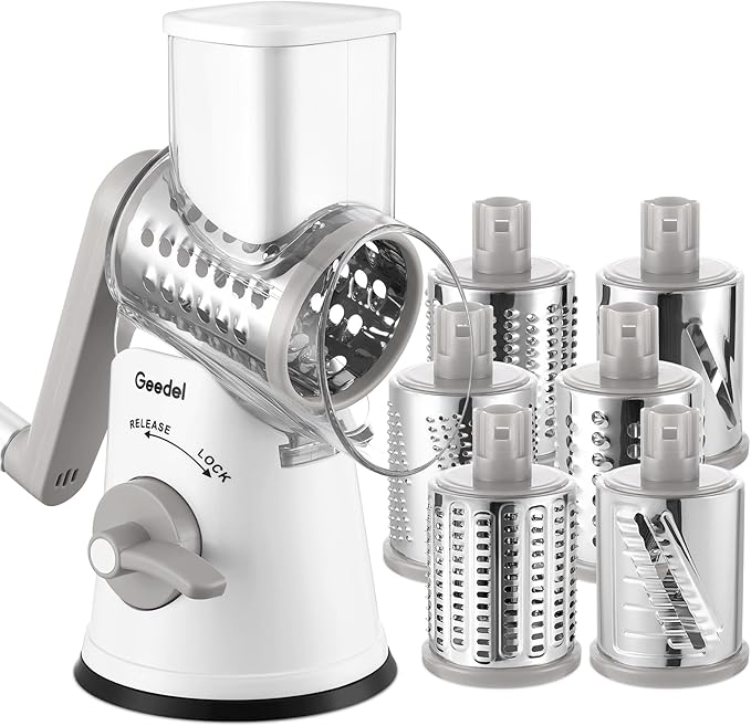 Geedel Rotary Cheese Grater Vegetable Shredder With 6 Interchangeable Blades No Slip Suction Base, Mandoline Slicer & Food Chopper for Cheese, Ice, Nuts, Vegetables, Veggie