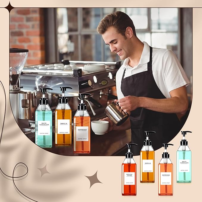 Nuogo 6 Pcs Coffee Syrup Dispenser Bottles Set 750ml, 500ml, 300ml, 150ml PET Black Syrup Bottles with Pump Dispenser 27 Labels for Coffee Bar Kitchen Accessories Portable Travel(25.4 oz,Prismatic)