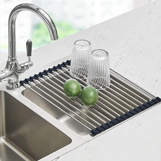 Seropy Roll Up Dish Drying Rack Over the Sink Drying Rack for Kitchen Counter, Rolling Dish Rack Over Sink Mat, Foldable Dish Drainer Stainless Steel Rack Kitchen Organization Gadgets 20.5"x11.8"