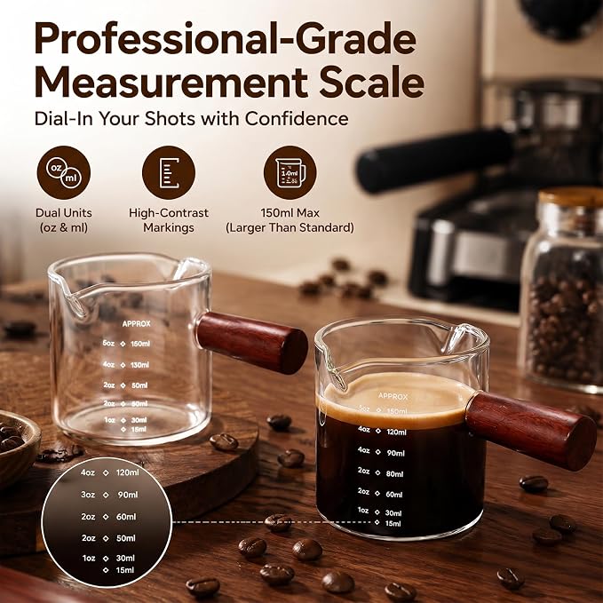 5oz Espresso Cups Set of 2, Double Spout Clear Borosilicate Glass with Anti-Scalding Wooden Handle, Heat Resistant Small Glass Mug for Double Shot Espresso, Latte, Cappuccino, Coffee Accessories