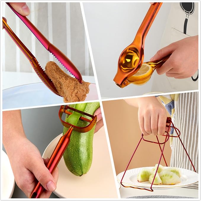 Orange Garlic Press Bottler Wine Opener Measuring Spoons Lemon Squeezer Vegetable Peeler Apple Cutter Kitchen Tongs Hot Plate Gripper Ice Tongs Kitchen Accessories Tools Set, Dish Washer Safe