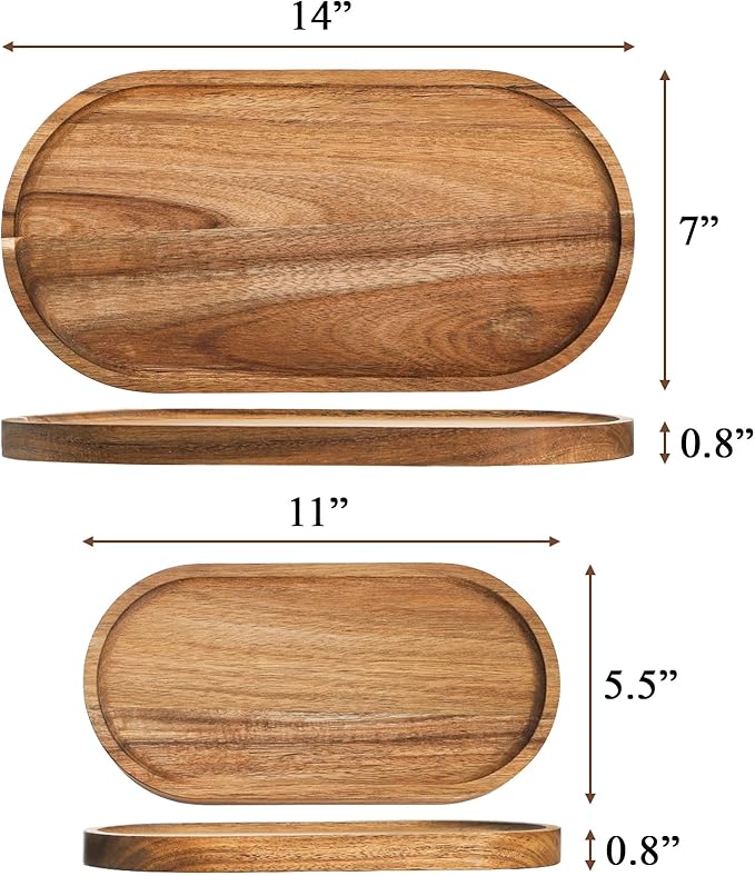 Elsjoy Set of 2 Acacia Wood Serving Trays, Long Wooden Serving Platter Oval Charcuterie Board Set for Home Decor, Fruit, Cheese, 𝟏𝟒" 𝐱𝟕" 𝐚𝐧𝐝 𝟏𝟏" 𝐱𝟓.𝟓"