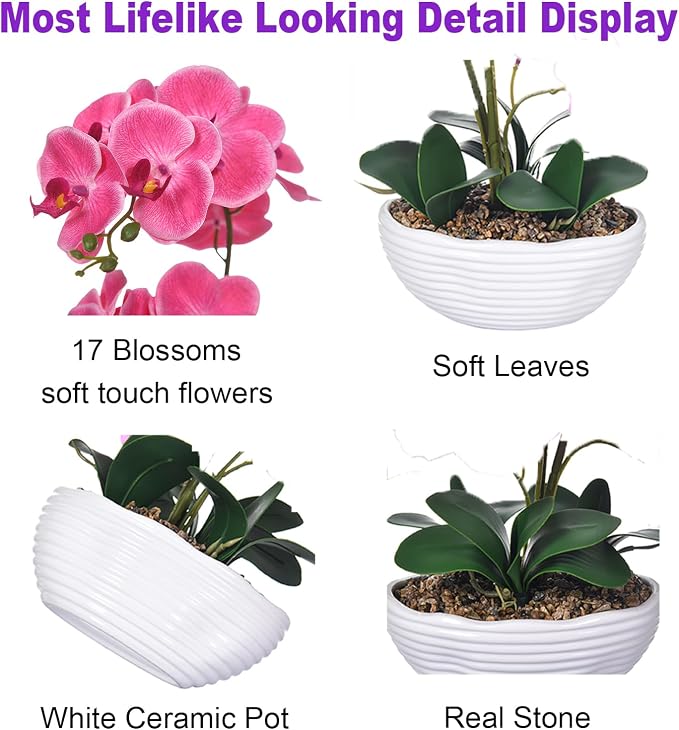 19" H Phalaenopsis Faux Orchid Plant Silk Orchid Centerpiece Artificial Floral Arrangement in Ceramic Pot (Rose Red)