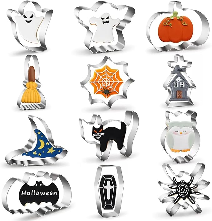 12 Pcs Halloween Cookie Cutters Set, Cat, Bat, Owl, Ghost, Pumpkin, Witch hat, Broom, Spider, Spider Web, Coffin, Tombstone Shape, Stainless Steel Metal Biscuit Molds for Baking or Party Decorations