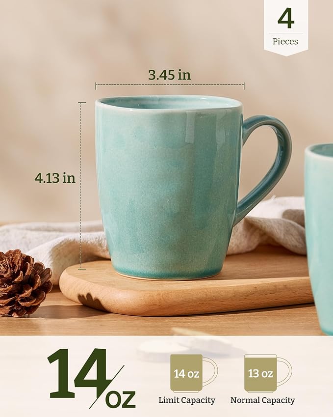 famiware Aurora Coffee Mugs, 14oz Mug Set of 4, Stoneware Mug, Cups for Kitchen, Cappuccino, Latte, Reactive Glaze, Microwave Safe, Scractch-resistant, Mint Green