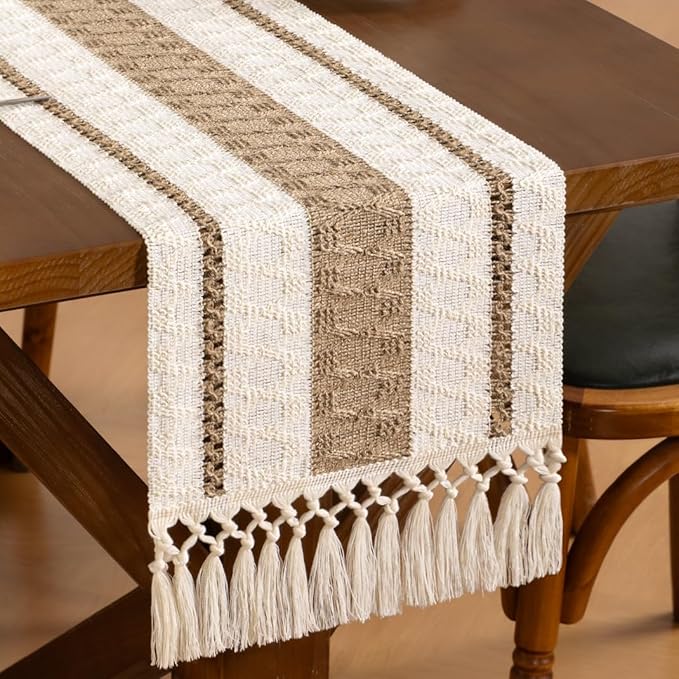 Boho Woven Cotton Linen Table Runner Brown & Ivory 11"x108" with Tassels Rustic Macrame Farmhouse Table Runner for Summer Dining Room Wedding Kitchen Party