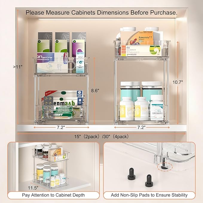 Delamu 2 Tier Under Sink Organizer Bathroom, Bathroom Cabinet Organizer with Snap-Lock Design and Hooks, Pull Out Storage with Movable Dividers, for Countertop, Kitchen and Pantry (Clear, 4 Pack)