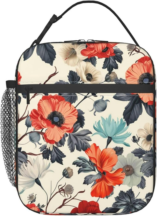 Insulated Lunch Box for Women Adults Girls Floral Lunch Bag for Work,Picnic,School,Travel,Hiking, Beach or Fishing Polyester Red Floral Lunch Box