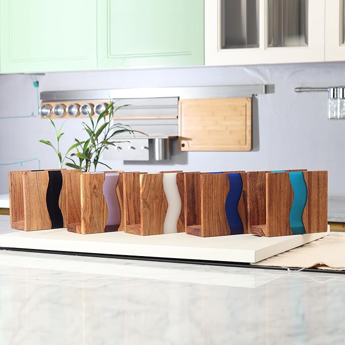 Acacia wood & Transparent Epoxy resin Napkin holder for table, Rustic farmhouse napkin organisation for kitchen, dining, counter tops, restaurant or outdoors | 6x5x2.5 inches| Turquoise