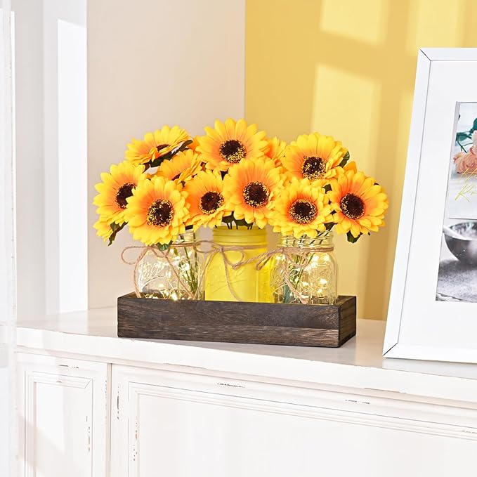 BLEUM CADE Centerpiece Table Decorations - Mason Jar Lights Centerpiece for Kitchen Dining Table Farmhouse Coffee Table Wedding Home Decor with 3 Jars Sunflowers Artificial Flowers & Wood Tray