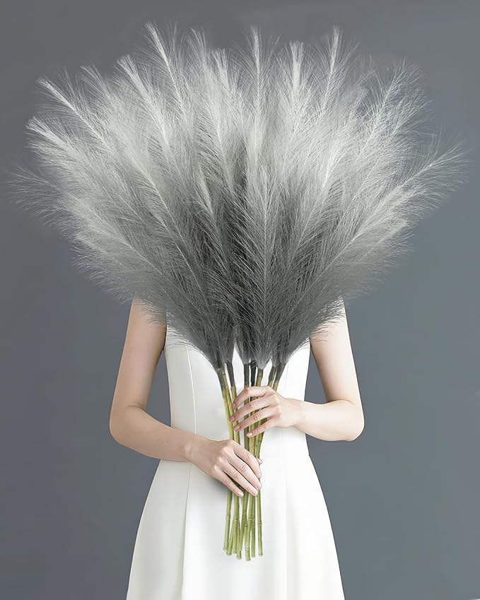 TORONTOKYO 8Pcs Grey Faux Pampas Grass Tall Decor, 35.4” Fluffy Artificial Pompous Grass Branches, Large Pampas Grass Reed Stems for Floor Vase Filler, Wedding, Baby Shower, Home and Boho Decor