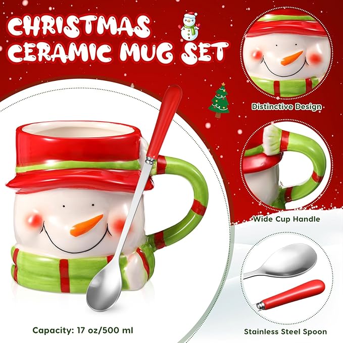 Sliner 4 Pcs Snowman Mug Gifts Set Include Christmas Coffee Mugs 17 oz with Red Spoons Funny Winter Fuzzy Socks Mini Snowman Keychains Hot Chocolate Cup for Women Men Xmas Holiday Birthday Gifts