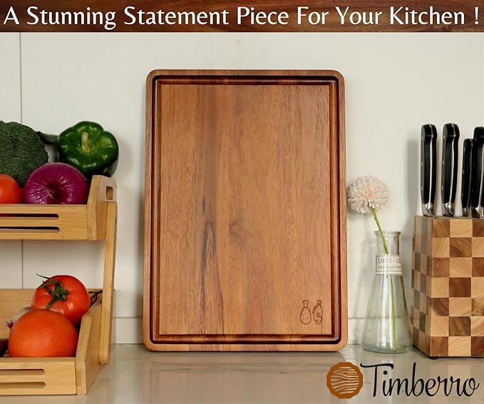 Acacia Wood Cutting Board (17x12x1.2 In.) - Big Wooden Non Toxic Hardwood Organic Meat Steak Chef Butcher Block Boards for Kitchen with Juice Groove