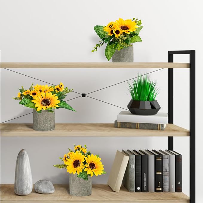 3 Potted Artificial Plants Flowers for Home Decor Indoor, Centerpiece Table Decorations for Dining Room and Coffee Table, Yellow