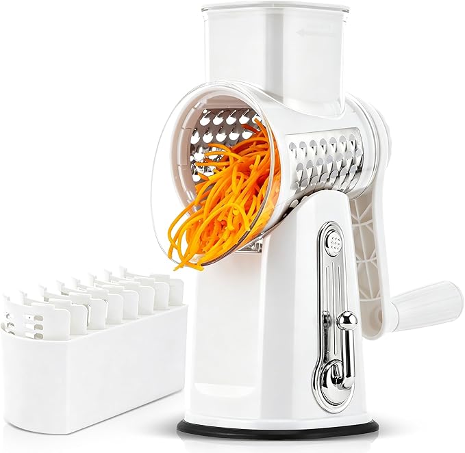 SUSTEAS Rotary Cheese Grater with Handle - Vegetable Shredder with 5 Well-designed Blades & Strong Suction Base,Round Mandoline Slicer & Food Chopper for Kitchen,with Blade Storage Box(White)