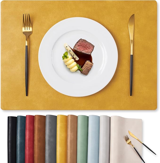 MOSAYT Vinyl Placemats Set of 12-12 X 17 Inch - Faux Leather 100% Waterproof Oil-Proof Wipeable PU Place Mats, Heat Resistant Reversible Table Mats for Kitchen, Dining, Outdoor, Yellow