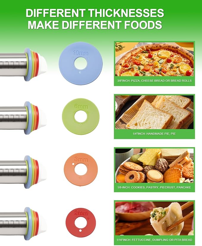 Adjustable Stainless Steel Rolling Pin with Thickness Rings for Baking, Dough Roller Pins for Cookie Decorating Baking Supplies with 1PCS Silicone Pastry Mat & 1PCS Rolling Pin Holder