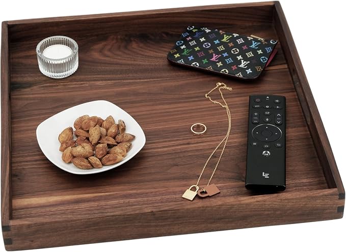 Set of 3 Large Square Solid Black Walnut Wood Ottoman Tray with Handles, Serve Tea, Coffee, Classic Wooden Decorative Serving Tray, 16+14+12