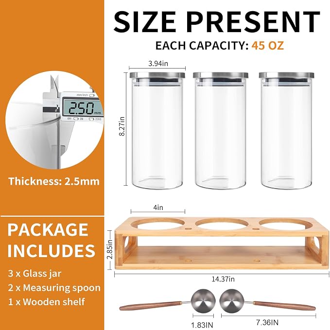 DTUQYX Coffee Container Set, Glass Canister with Airtight Lids, Stainless Steel Scoops, 45oz Coffee Bean Storage Jars with Shelf and Spoon(3 Jars)