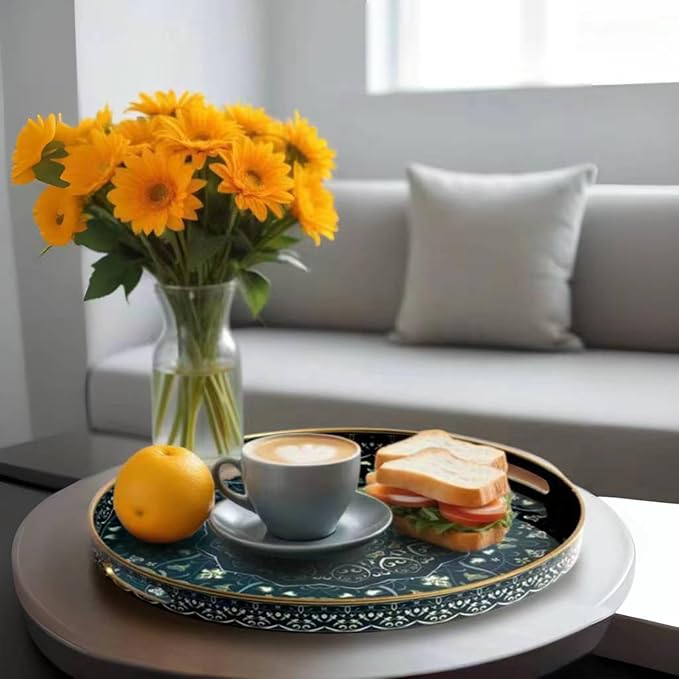 Round Serving Tray with Handles - Large Round Ottoman Tray Coffee Table Tray,Plastic Decorative Serving Trays for Coffee Table,Round Boho Tray for Ottoman Living Room