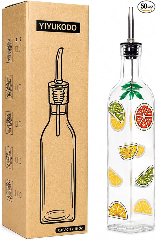 17oz Hand Painted Glass Olive Oil Bottle - 500ml Green Oil & Vinegar Cruet with Pourers - Olive Oil Carafe Decanter for Kitchen (Fruit)
