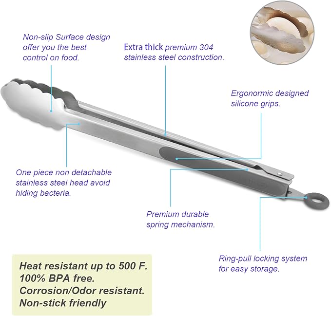 304 Stainless Steel Kitchen Cooking Tongs, 14" and 16" Set of 2 Sturdy Grilling Barbeque Brushed Locking Food Tongs with Ergonomic Grip, Grey