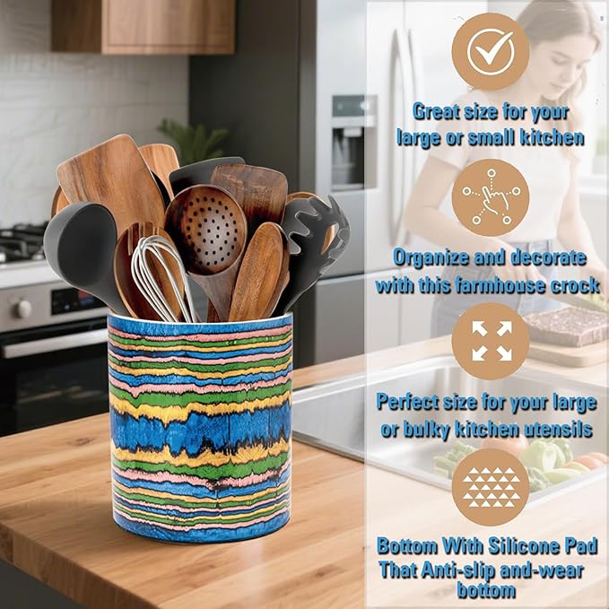 Bohemian Style Ceramic Utensil Holder, 6.5-Inch Farmhouse Kitchen Counter Decor with Multi-Color Stripes for Indoor Decor