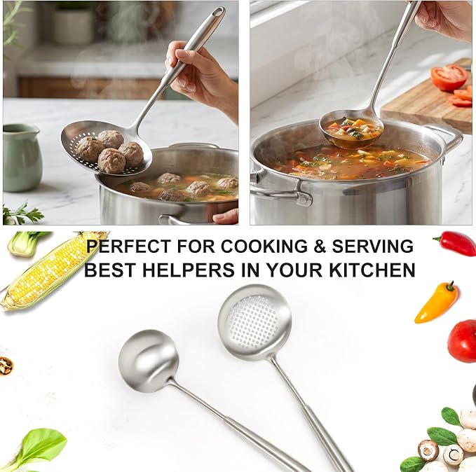 2PCS 18/10 Stainless Steel Ladle and Slotted Spoon, Soup Ladle and Strainer Spoons, Wok Utensils for Cooking, Stirring, Soup, Sauce, Dishwasher Safe