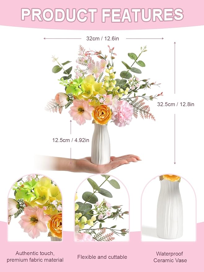 Small 11.8" Artificial Flowers in Ceramic Vase - Yellow Pink Silk Flower Centerpiece for Dining Table, Office, Wedding & Farmhouse, Home Decor Gifts