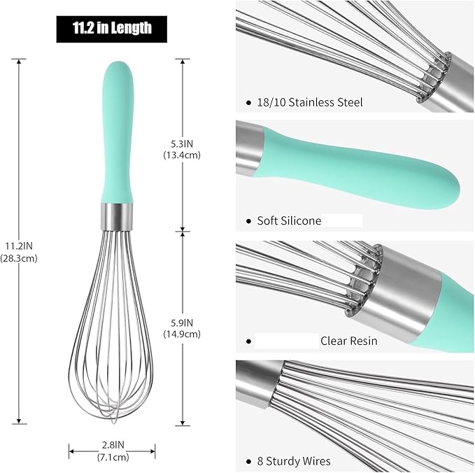 18/8 Stainless Steel Balloon Whisk, Kitchen Whisk for Cooking Handheld Egg Beater with Rust-Proof Sturdy Wires & Non-Slip Silicone Handled(Aqua Sky,M)