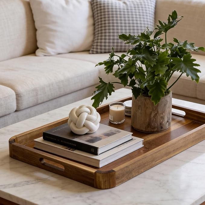 HILLSPRING Acacia Wood Serving Tray with Handles,17 Inch Rectangular Farmhouse Rustic Ottoman & Coffee Table Tray for Living Room, Breakfast in Bed, Charcuterie, Brown