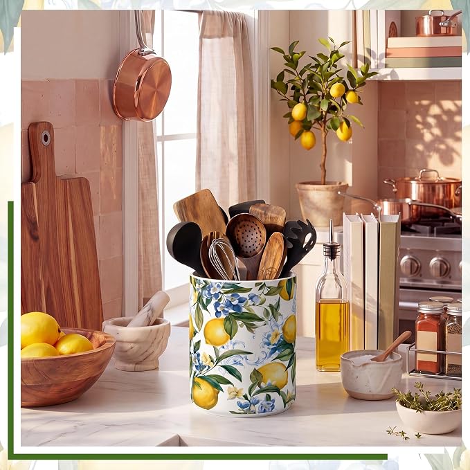 Suclain Lemon Ceramic Utensil Holder 6.3 Inch Rustic Kitchen Crock Summer Lemon Floral Design Countertop Storage Organizer for Spatula and Spoon Home Cooking Unique Gift Idea