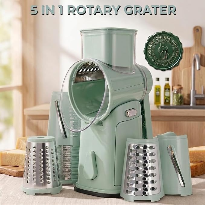 Rotary Cheese Grater Hand Crank, 10-Blade Shredder with Handle, Vegetable Slicer Mandoline Food Chopper, Strong Suction Base Kitchen Gadget for Cheese Vegetables Nuts – Green
