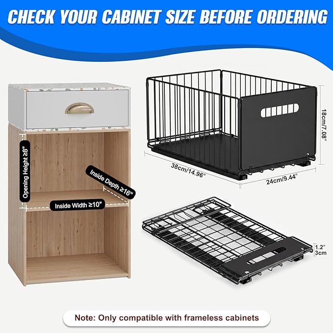 2 Pack Pull Out Cabinet Organizer, 15"" Depth Slide Out Drawer with Nano Adhesive (No Drilling), Heavy Duty Tall Wire Basket for Kitchen, Under Sink, Bathroom, 9.44"" W x 7.08"" H, Black
