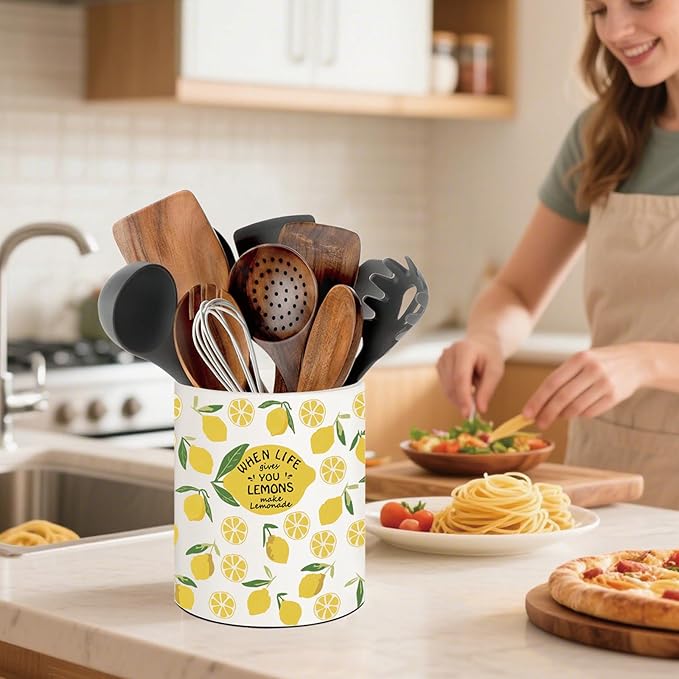 Lemon Kitchen Decor, 6.5inch Ceramic Utensil Holder with Lemon Design, Rustic-Style Indoor Kitchen Utensil Storage Rack,Ideal for Spoon Storage and Cooking Tools, Gift for Kitchen Organizers