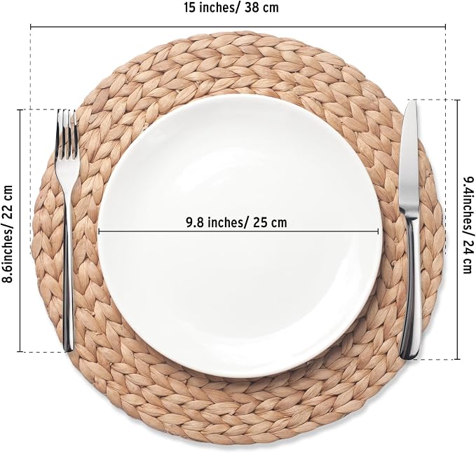 6 Pack, Round Woven Placemats, Natural Water Hyacinth Place mats, Braided Straw Table Mats for Dining Table, Christmas Placemats Set of 6 (15 inch)