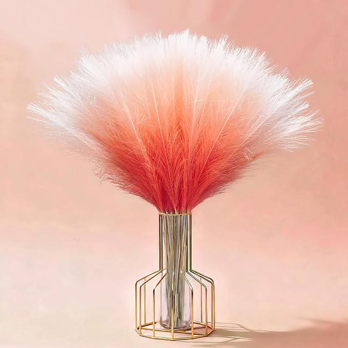 TORONTOKYO Burnt Orange Pampas Grass Fall Decor, 50Pcs 21.6 inch Artificial Faux Pompas Grass Small Fluffy Arrangement for Wedding Boho Home Autumn Decor Vase Filler