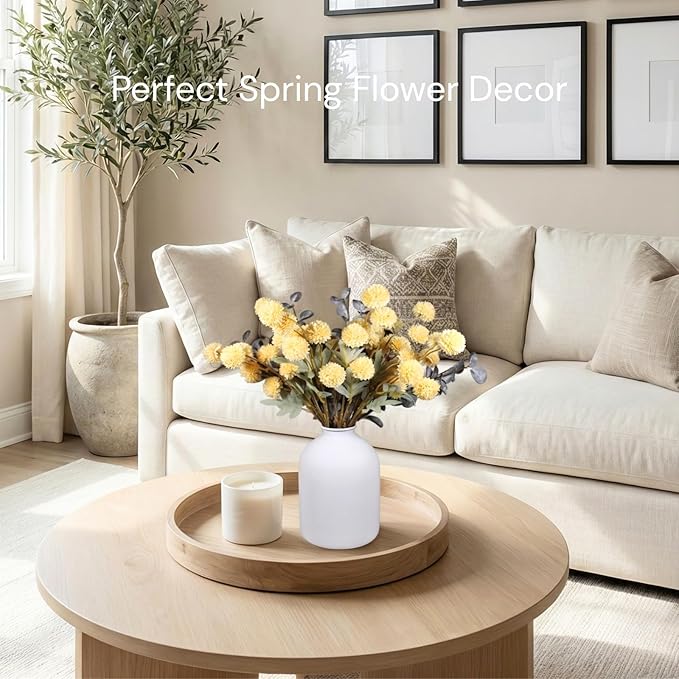 Yellow Flowers Artificial 10 Long Stems Kiku Flower With Eucalyptus, Spring Flowers Decor, Mustard Yellow Decor, Flores Amarillas Artificiales Para Decoracion, Faux Easter Spring Summer Floral Stems