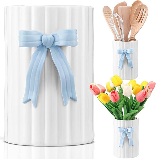 LemonRoad Blue Bow Ceramic Utensil Holder 3D Coquette Handmade Pink Kitchen Decor Gifts Cooking Utensil Crock with Scalloped Preppy Caddy Pen Holder Vase Graduation Gift for College Students