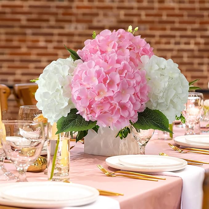 JINWOE 5pcs Pink Silk Hydrangea Fake Flowers, 20Inch Large Lifelike Artificial Flowers Bouquets Faux Hydrangea Stems for Home Wedding Party Table Core Indoor Home Decoration