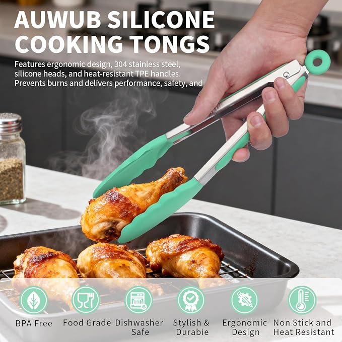 9+12 Inch Pistachio Salad Tongs 2-Piece Set, Silicone with 304 Stainless Steel Core & Non-Slip Grip, Kitchen Utensils for Grilling Salad