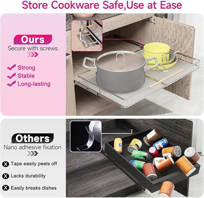 Pull Out Shelves for Kitchen Cabinet, 17.1~28" W x 22.5" D Expandable Slide Out Drawers for Kitchen Organizers and Storage, Pull Out Cabinet Organizer, Stainless Steel, 2Pack