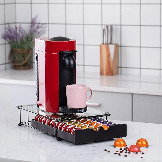FlagShip Vertuo Pod Holder Drawer for Nespresso Storage Glass Top Capsule Organizer(40 Pods Capacity)