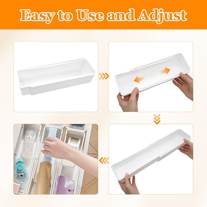 2 Pack Hanging Expandable Drawer Organizer with 2 Pack Non-Hanging Sliding Adjustable Storage Trays for Kitchen, Bathroom, Office, White