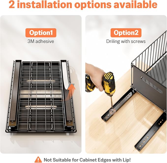 Pull Out Spice Racks for Inside Cabinets, Heavy Duty Under Sink Pull Out Organizer 2 Pack, Slide Out Drawers for Kitchen Cabinets, Bathroom, Pantry Organizers, 14.6”D x 9.6" W x 7" H, Black