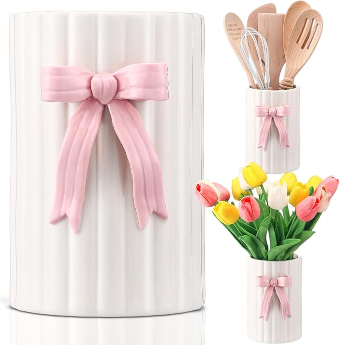 LemonRoad Pink Bow Ceramic Utensil Holder 3D Coquette Handmade Pink Kitchen Decor Gifts Cooking Utensil Crock with Scalloped Preppy Caddy Pen Holder Vase Graduation Gift for College Students