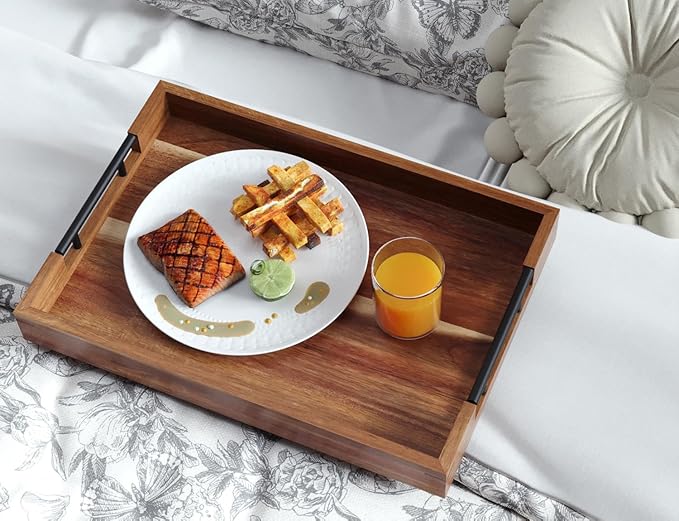 Fibogollo Acacia Wood Serving Tray with Metal Handles,17x12in Ottoman Decorative Trays Platter for Coffee Table,Living Room,Bar,Party(Large)