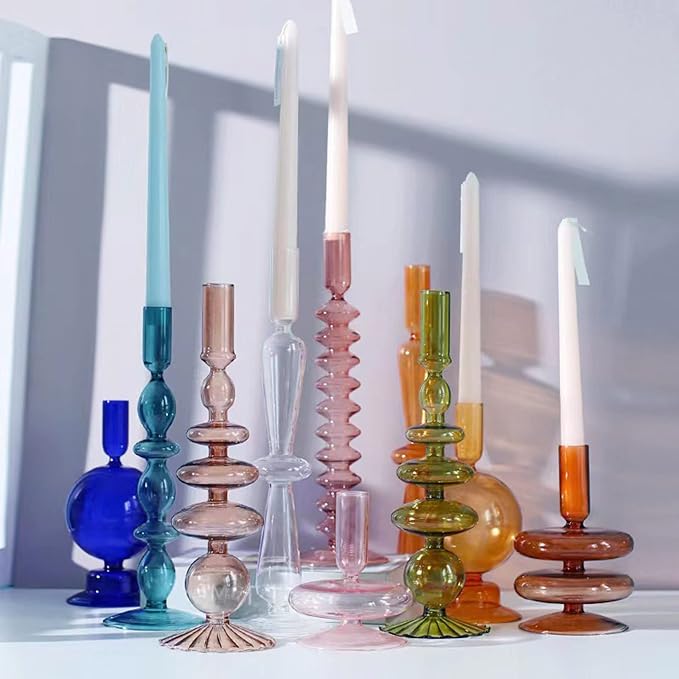 Glass Candlestick Holders Simple Creative Glass Vase Candle Holder Colorful Glass Pillar Candle Stand Candlestick Wavy Elegant Glass Candlestick for Home Centerpiece (Pink B)