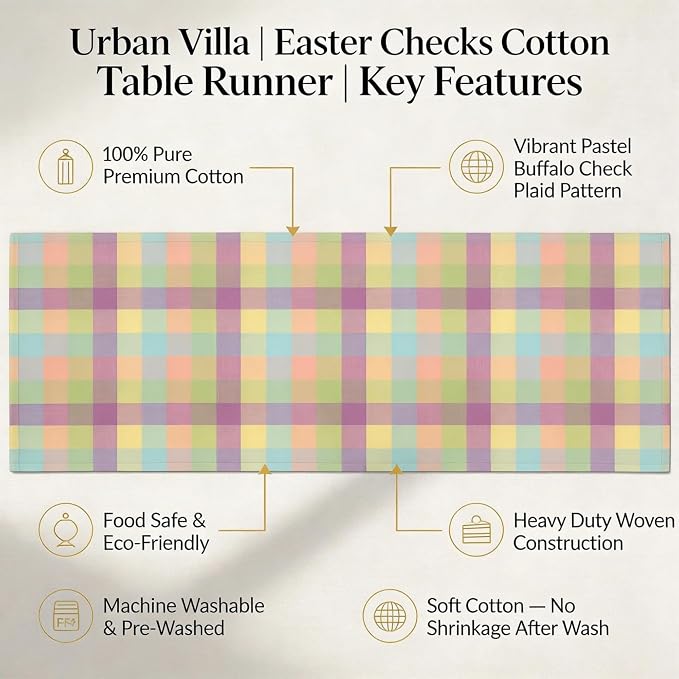 Urban Villa Easter Checks 100% Cotton Fused Table Runner, 14" x 72" Inches, Checkered/Plaid Pattern, Heavy Duty, Machine Washable, Eco-Friendly, Food Safe